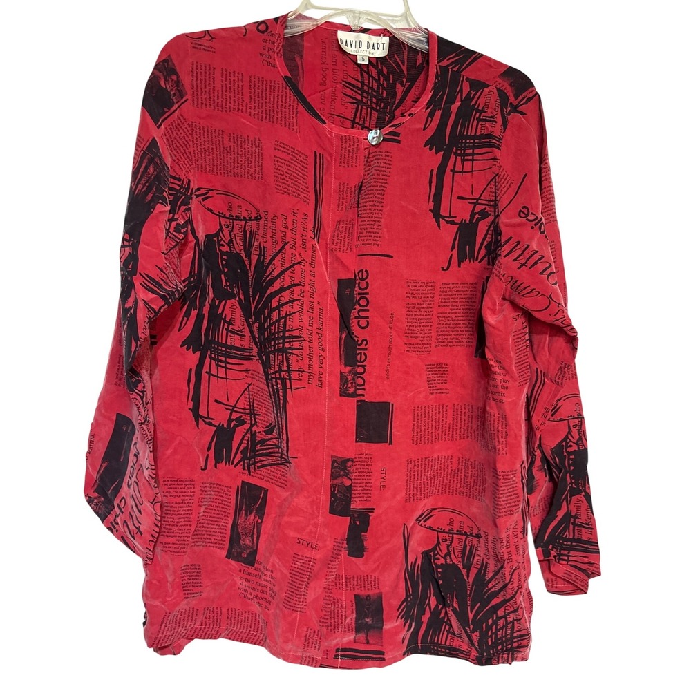 VINTAGE David Dart‎ Collection Red Newspaper Print Long Sleeve Top - Small